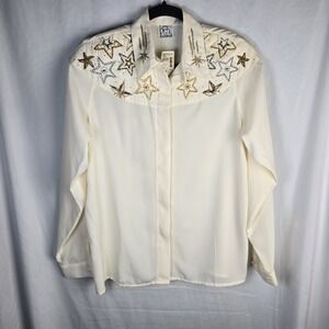 Vtg Gantos Western Metallic Embroidery Beaded Shirt Ivory Womens Large Glam Punk